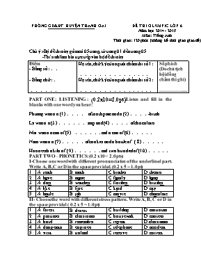 Đề thi olympic môn Tiếng Anh Lớp 6 - Đề 7 - Năm học 2014-2015 - Phòng GD & ĐT Thanh Oai (Có đáp án)
